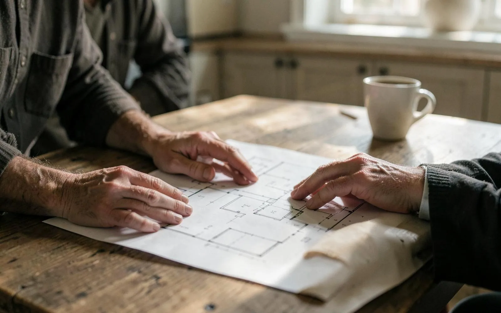Homeowners reviewing a floor plan at a kitchen table