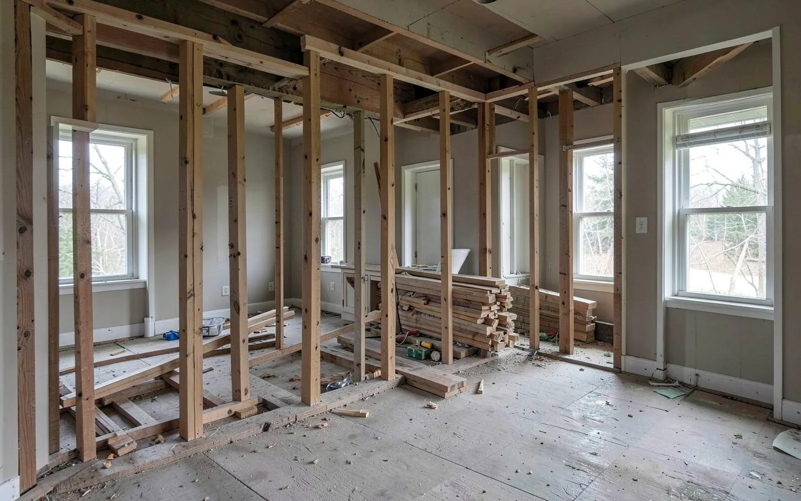 Interior of a home opened to the studs during a whole-home renovation