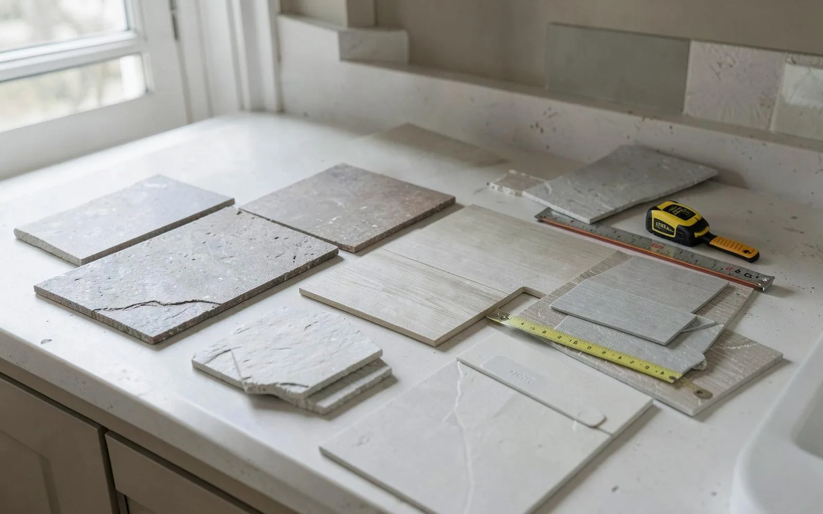 Kitchen material samples laid out on a countertop