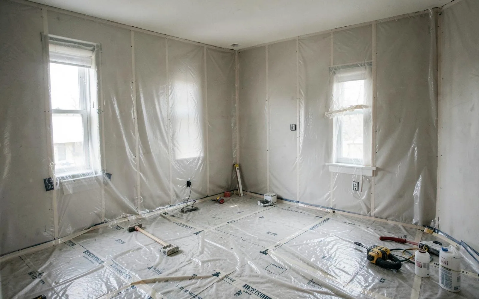 Dust barriers and floor protection inside an active jobsite