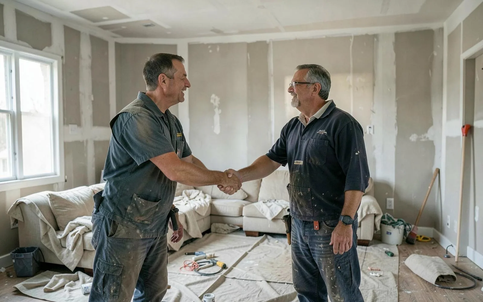 Builder and homeowner shaking hands in a room under renovation